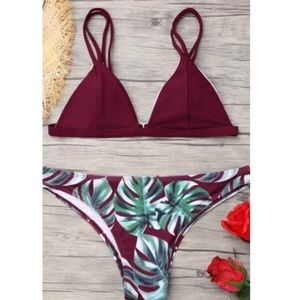 Maroon Monstera Leaf Print Bikini!!